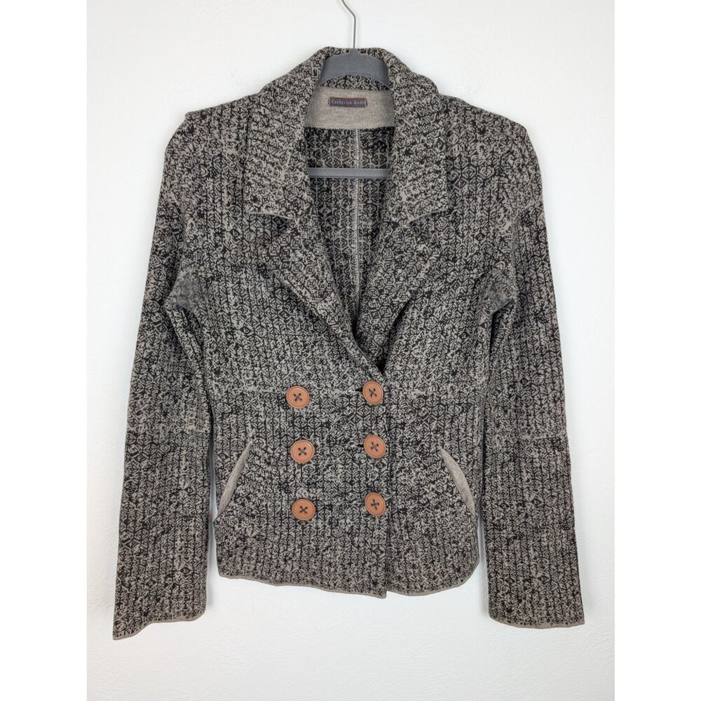 Catherine Andre Blazer Jacket Knit Wool Patterned Dark Academia Brown Tan Size S